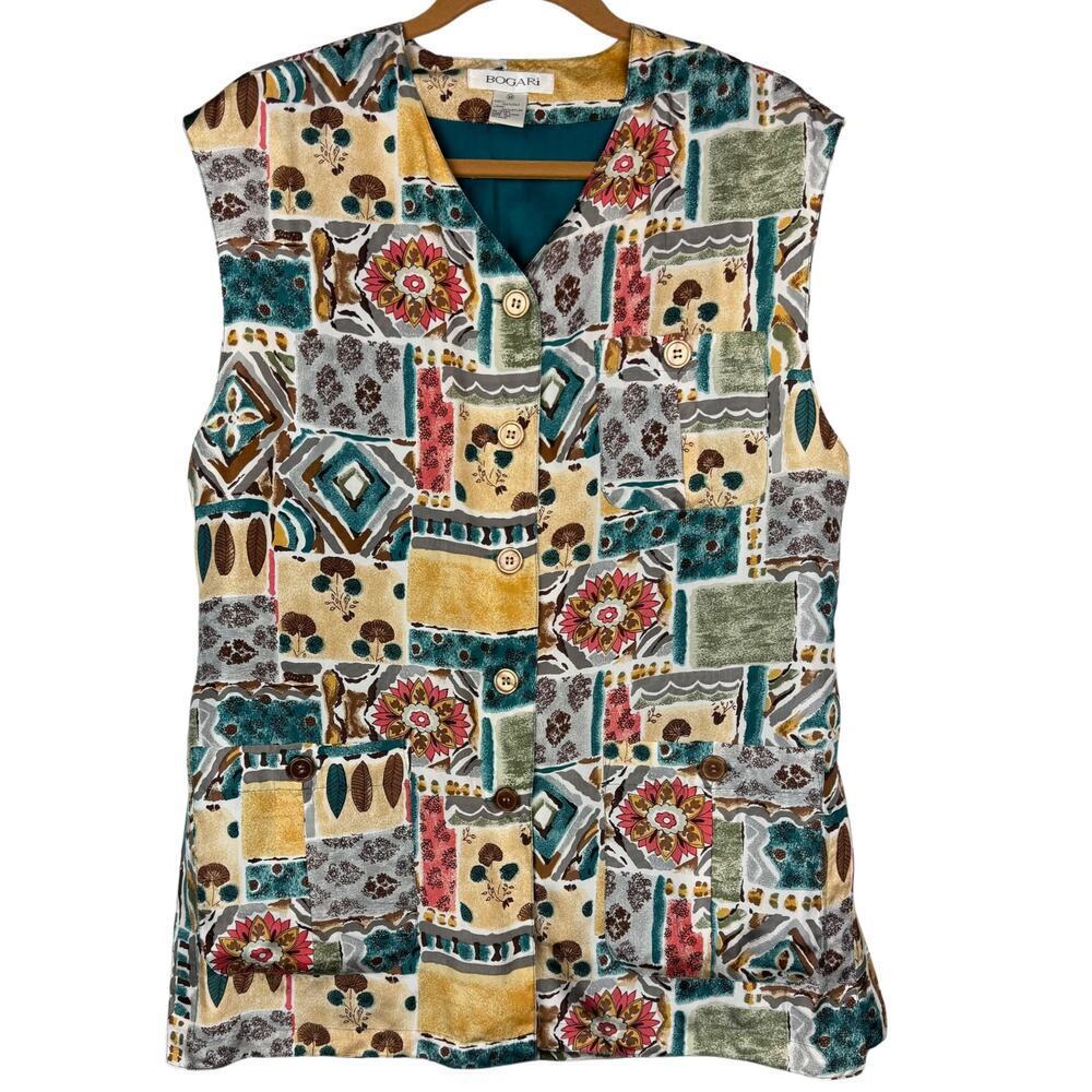 Bogari Vest Women's Medium Multicolor Bohemian Aztec Floral Print 100% Silk Long